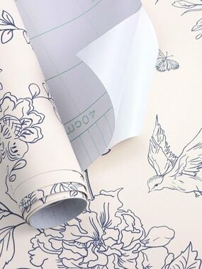 Cottagecore Blue Floral Peel & Stick Wallpaper Set of 4 Rolls Cream Bird Vintage
